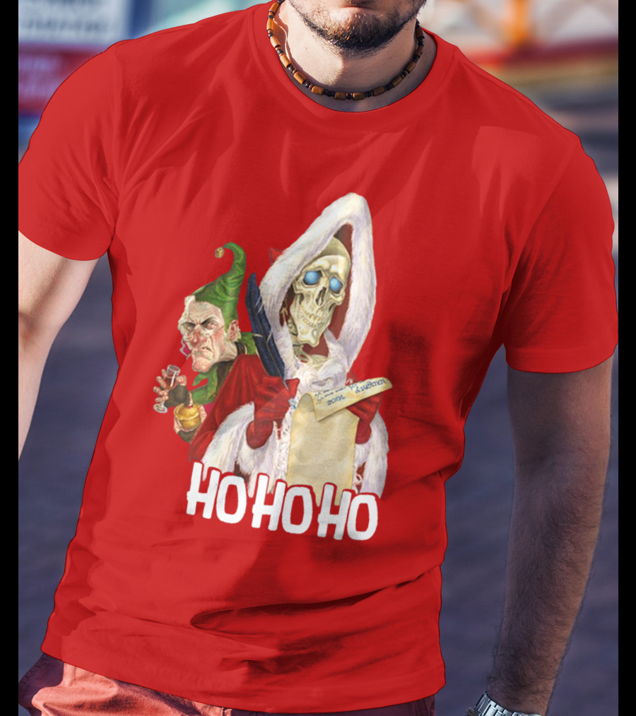 Ho Ho Ho Death With Albert Hogs Santa Skeleton And Elf T-Shirt