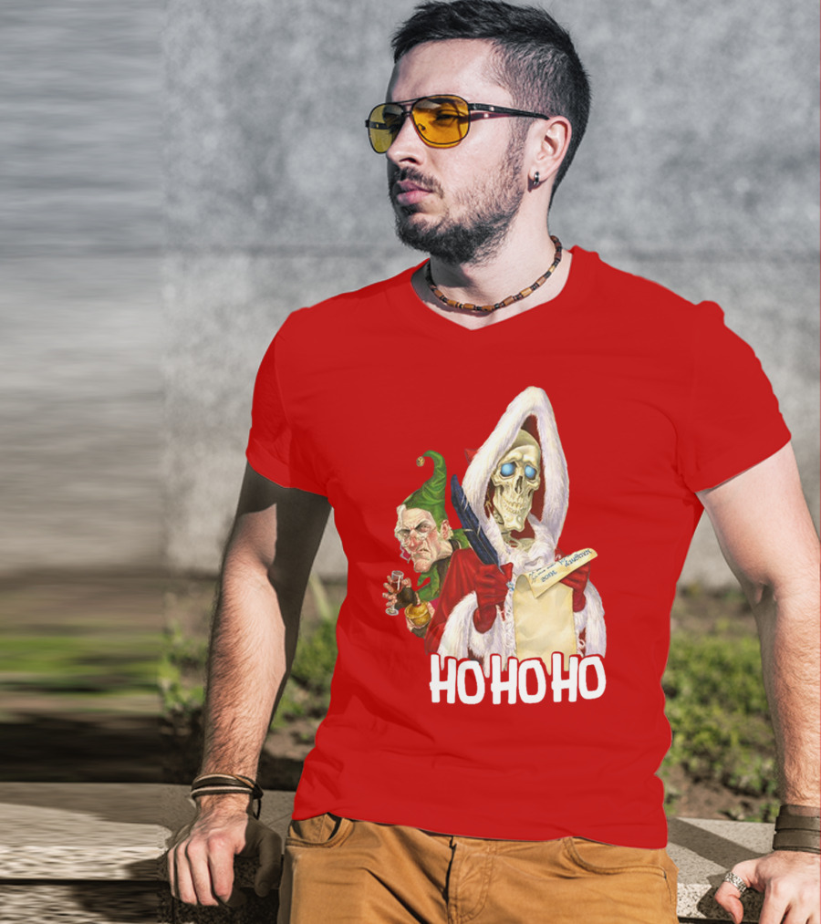 Ho Ho Ho Death With Albert Hogs Santa Skeleton And Elf T-Shirt