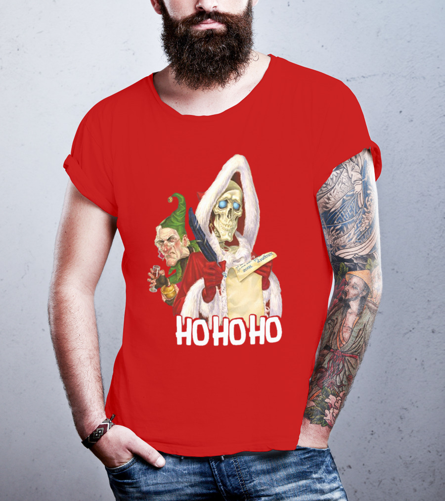 Ho Ho Ho Death With Albert Hogs Santa Skeleton And Elf T-Shirt