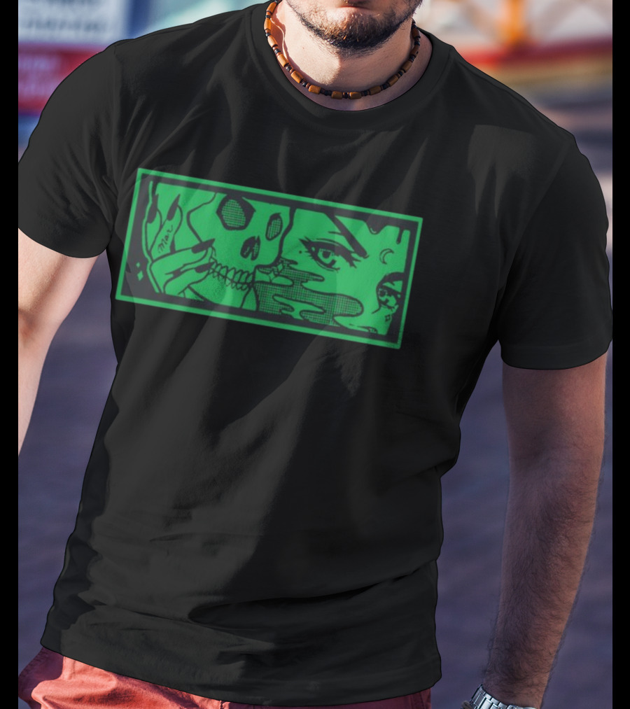 Max Smoking Skull Art Green T-Shirt