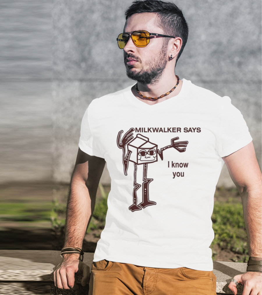 MILKWALKER SAYS I KNOW YOU Creepy Tall Cartoon Character Box Milk T-Shirt