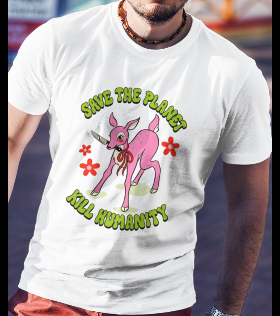 Tragicgirlsco Save The Planet Kill Humanity Pink Deer Floral T-Shirt