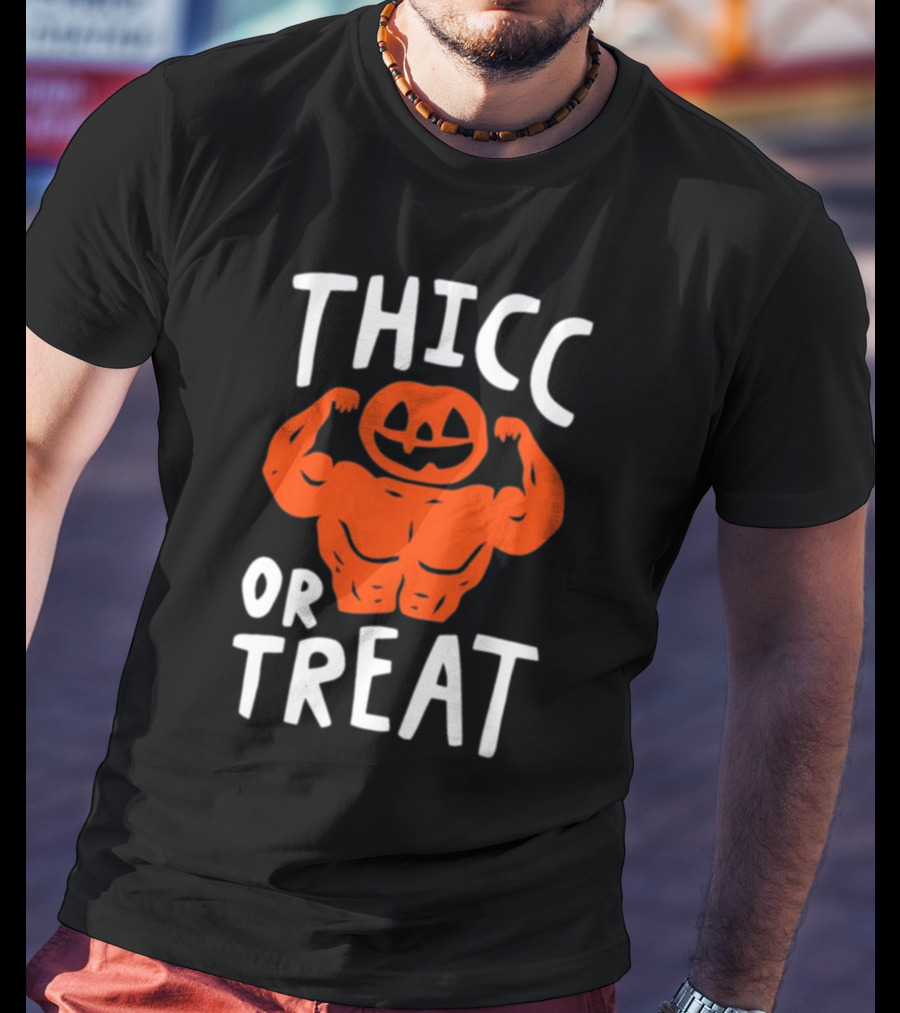 Thicc Or Treats Pumpkin Flexing Muscles T-Shirt
