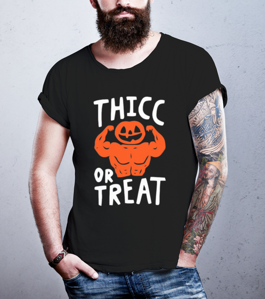 Thicc Or Treats Pumpkin Flexing Muscles T-Shirt
