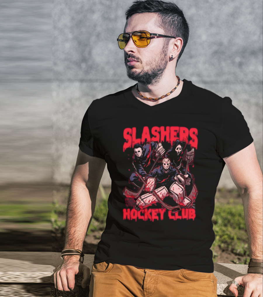 Slashers Hockey Club Horror Icons With Masks And Sticks T-Shirt
