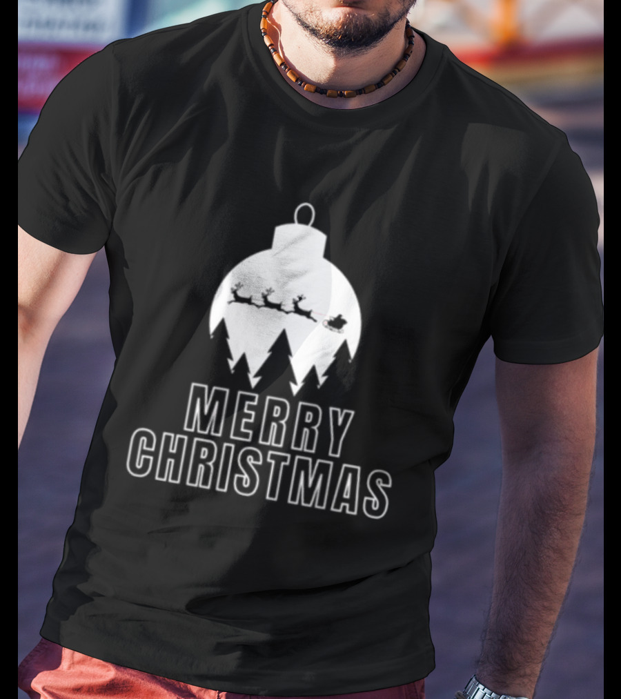 Merry Christmas Ornament Reindeer Sleigh And Trees T-Shirt