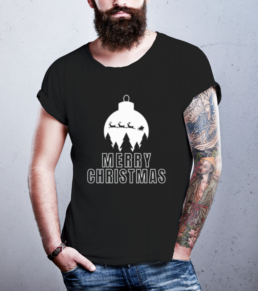 Merry Christmas Ornament Reindeer Sleigh And Trees T-Shirt