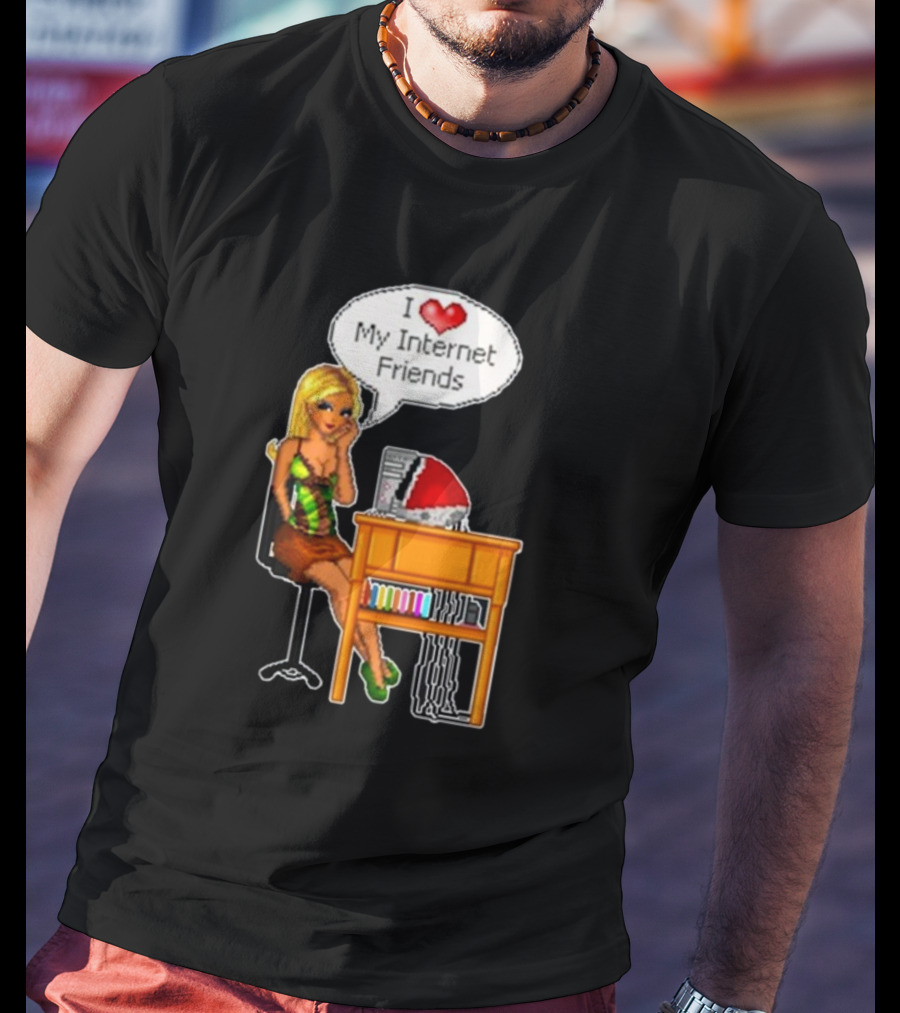 Cherrykitten I Love My Internet Friends Y2K Vintage Blonde Girl At Desk Pixel T-Shirt