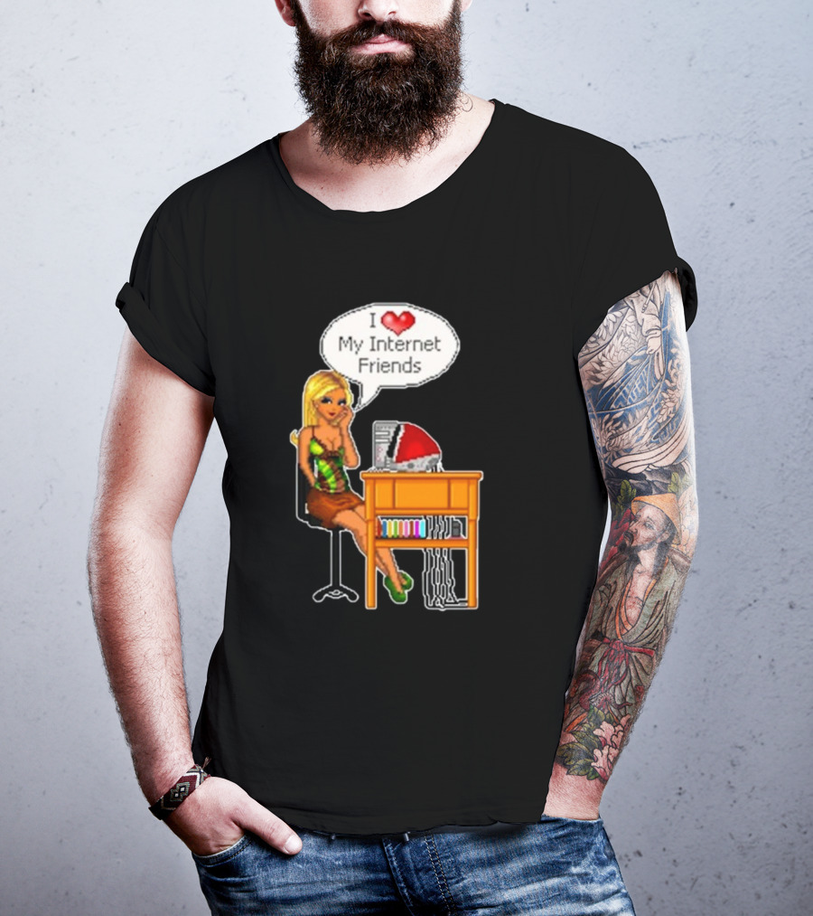 Cherrykitten I Love My Internet Friends Y2K Vintage Blonde Girl At Desk Pixel T-Shirt