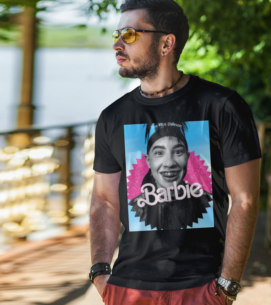 Kick Demon Barbie Smiling Portrait With Pink Starburst Background T-Shirt