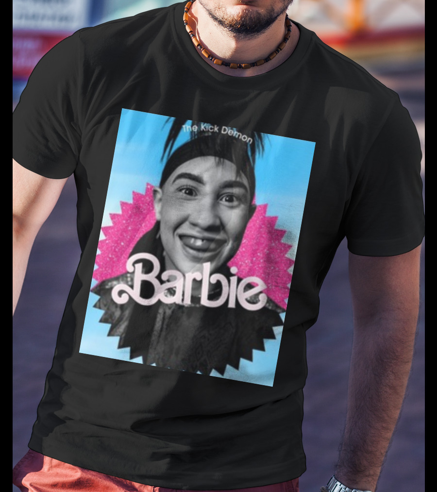 Kick Demon Barbie Smiling Portrait With Pink Starburst Background T-Shirt