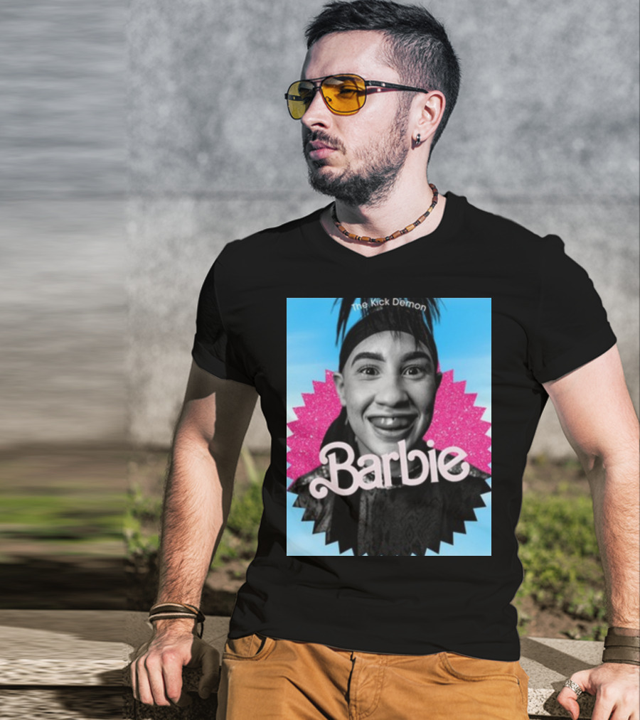 Kick Demon Barbie Smiling Portrait With Pink Starburst Background T-Shirt