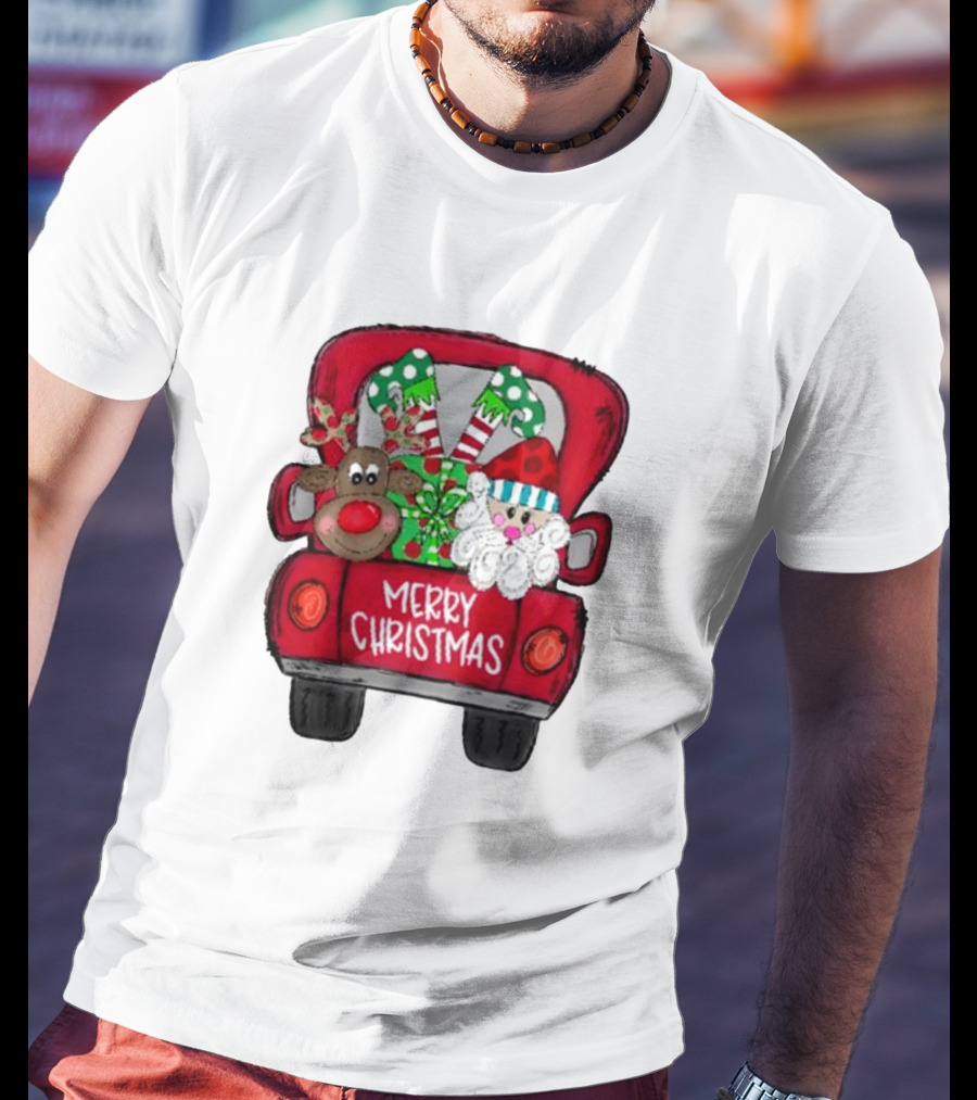 Merry Christmas Santa And Reindeer With Presents In Truck T-Shirt