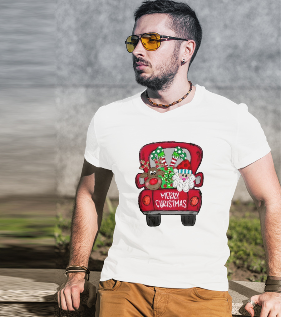 Merry Christmas Santa And Reindeer With Presents In Truck T-Shirt