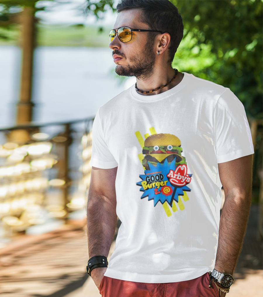 Nickelodeon Good Burger 2 Arby's Collaboration Burger With Eyeballs And Red Arby's T-Shirt