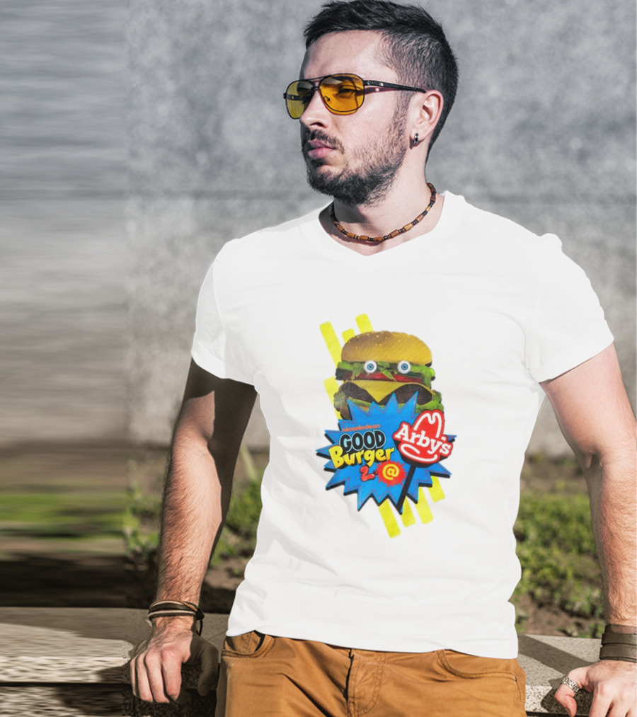 Nickelodeon Good Burger 2 Arby's Collaboration Burger With Eyeballs And Red Arby's T-Shirt