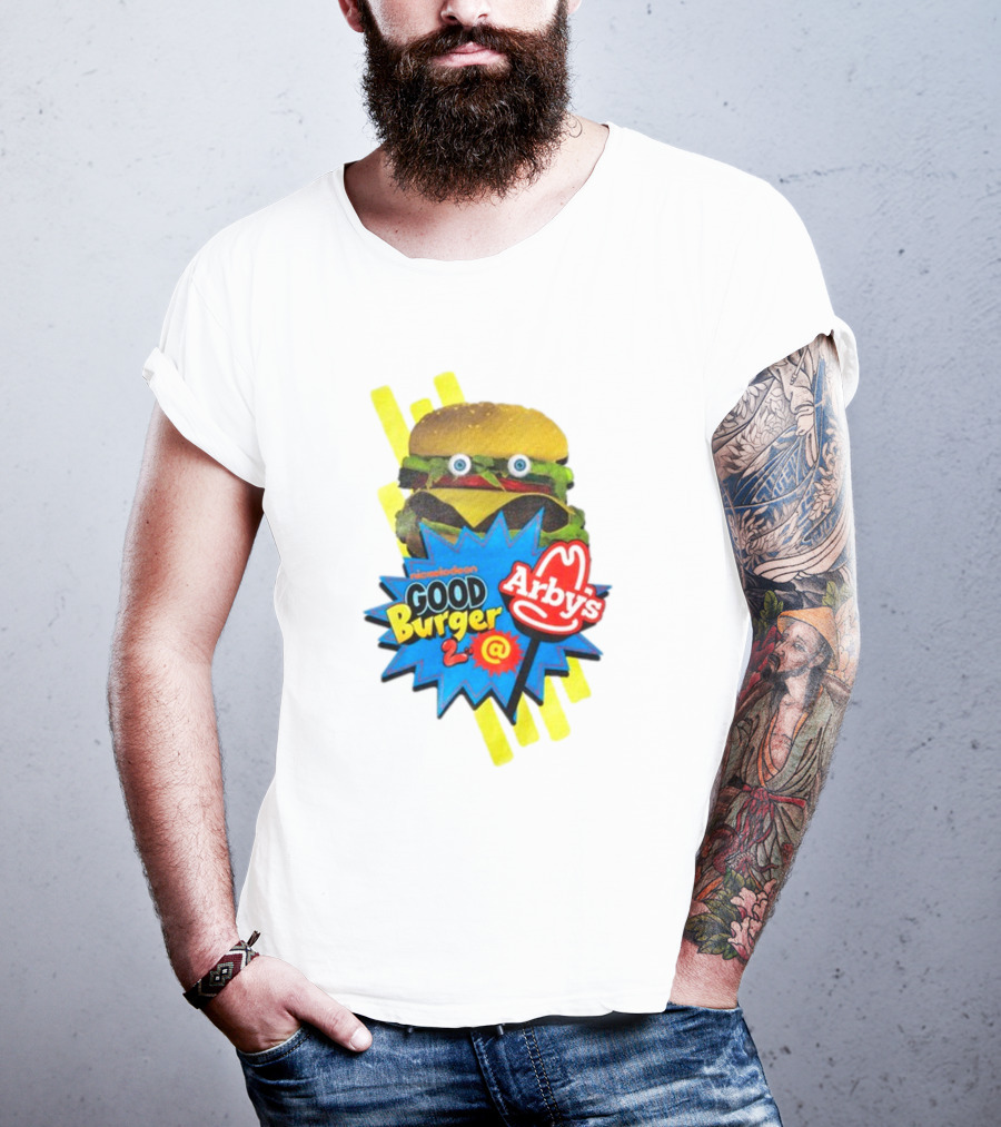 Nickelodeon Good Burger 2 Arby's Collaboration Burger With Eyeballs And Red Arby's T-Shirt