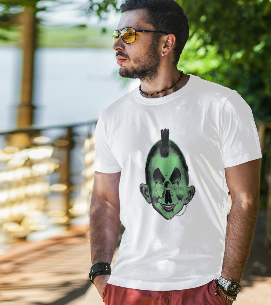 Willy Warhol Green Punk Face Mohawk Piercings T-Shirt