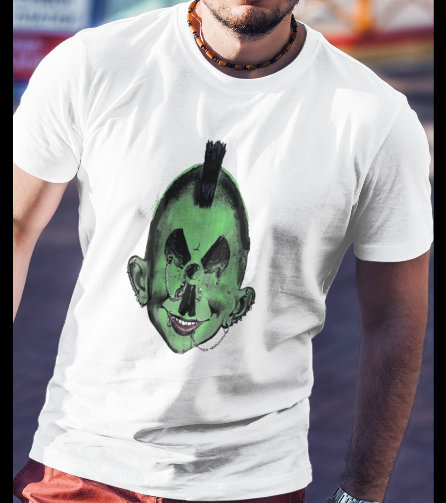 Willy Warhol Green Punk Face Mohawk Piercings T-Shirt