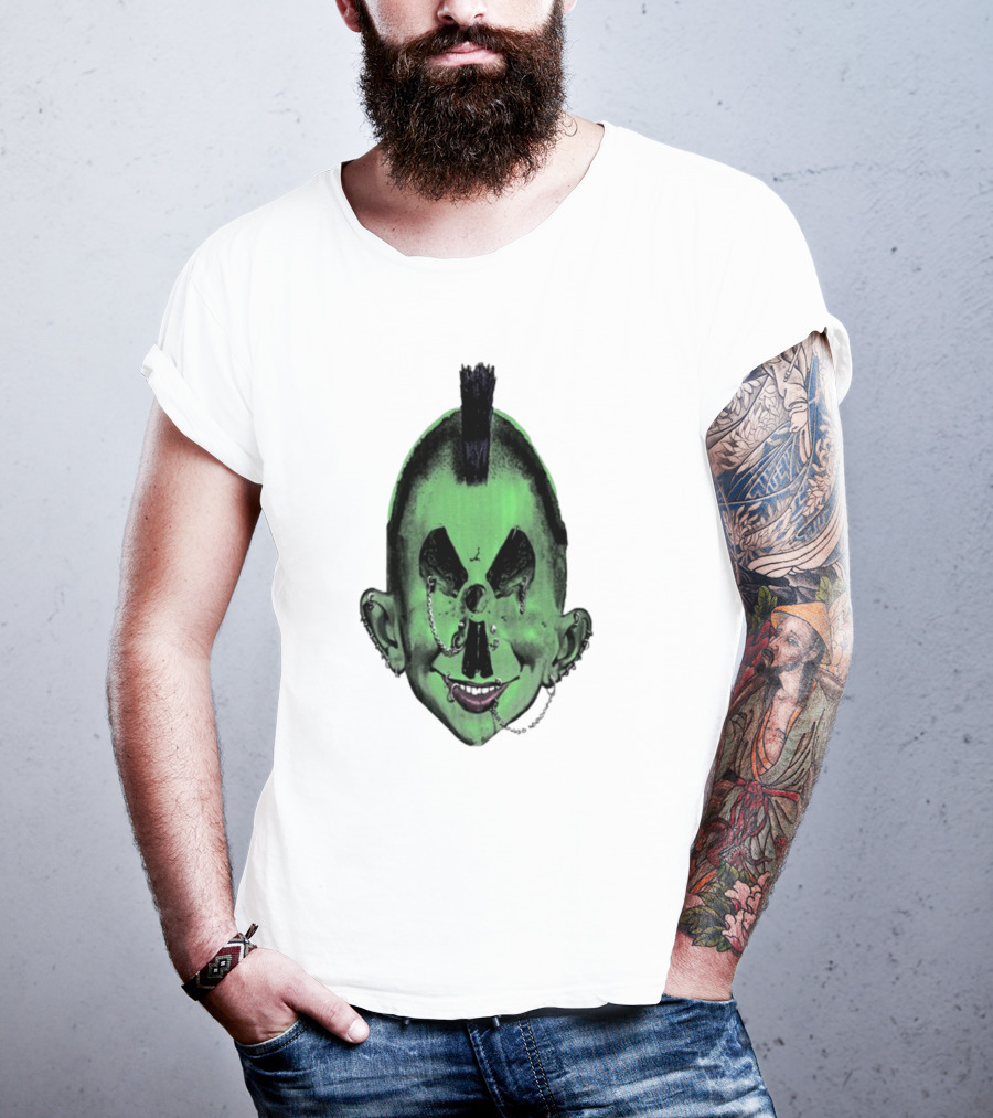Willy Warhol Green Punk Face Mohawk Piercings T-Shirt