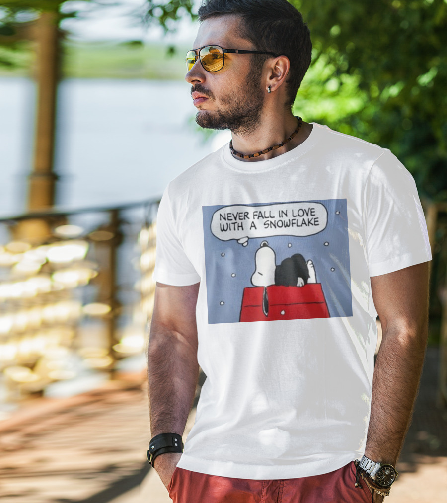 Never Fall In Love With A Snowflake Snoopy On Doghouse With Thought Bubble T-Shirt