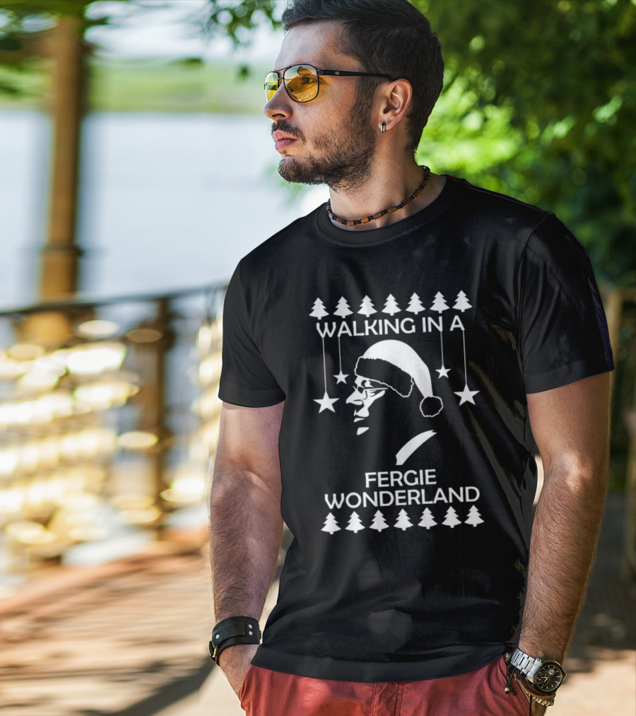 Walking In A Fergie Wonderland Christmas Festive Santa Hat Trees Stars T-Shirt