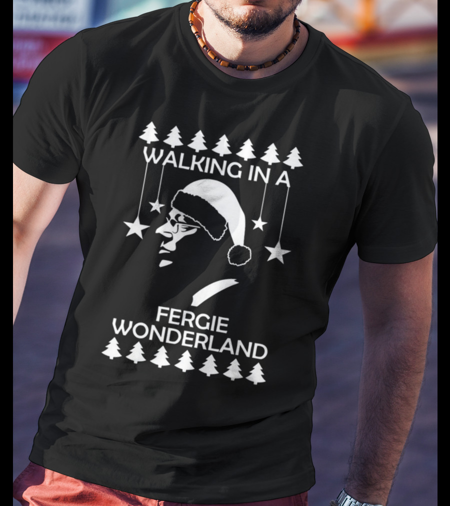 Walking In A Fergie Wonderland Christmas Festive Santa Hat Trees Stars T-Shirt