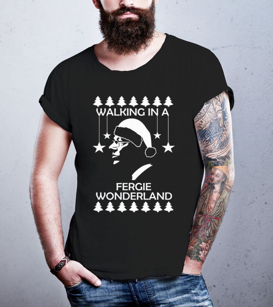Walking In A Fergie Wonderland Christmas Festive Santa Hat Trees Stars T-Shirt