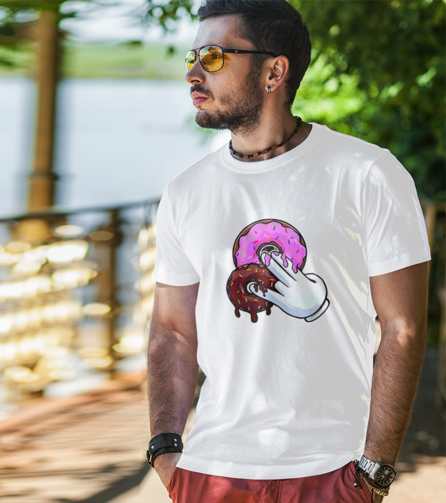 Funnyahhtees Pink And Brown Donuts With Cartoon Glove Hand T-Shirt