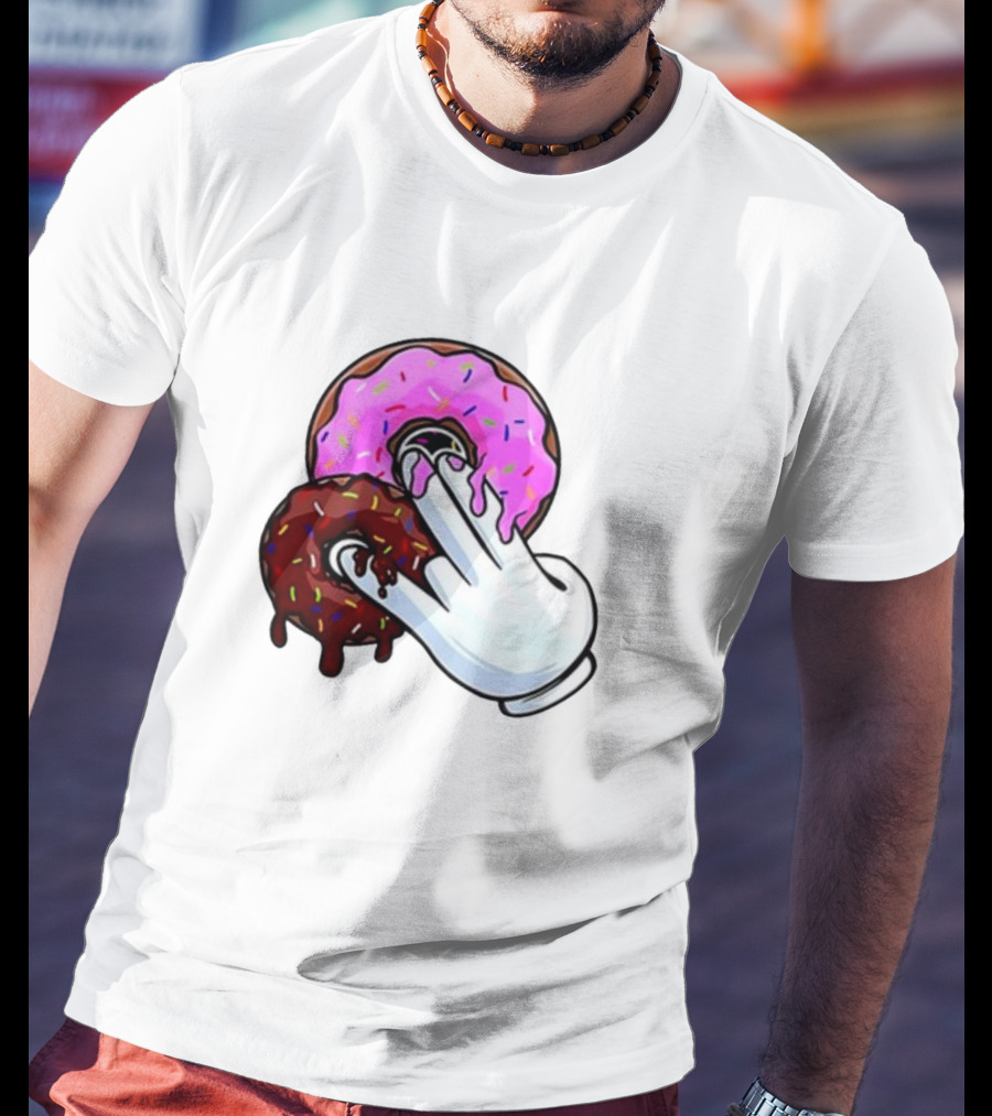 Funnyahhtees Pink And Brown Donuts With Cartoon Glove Hand T-Shirt