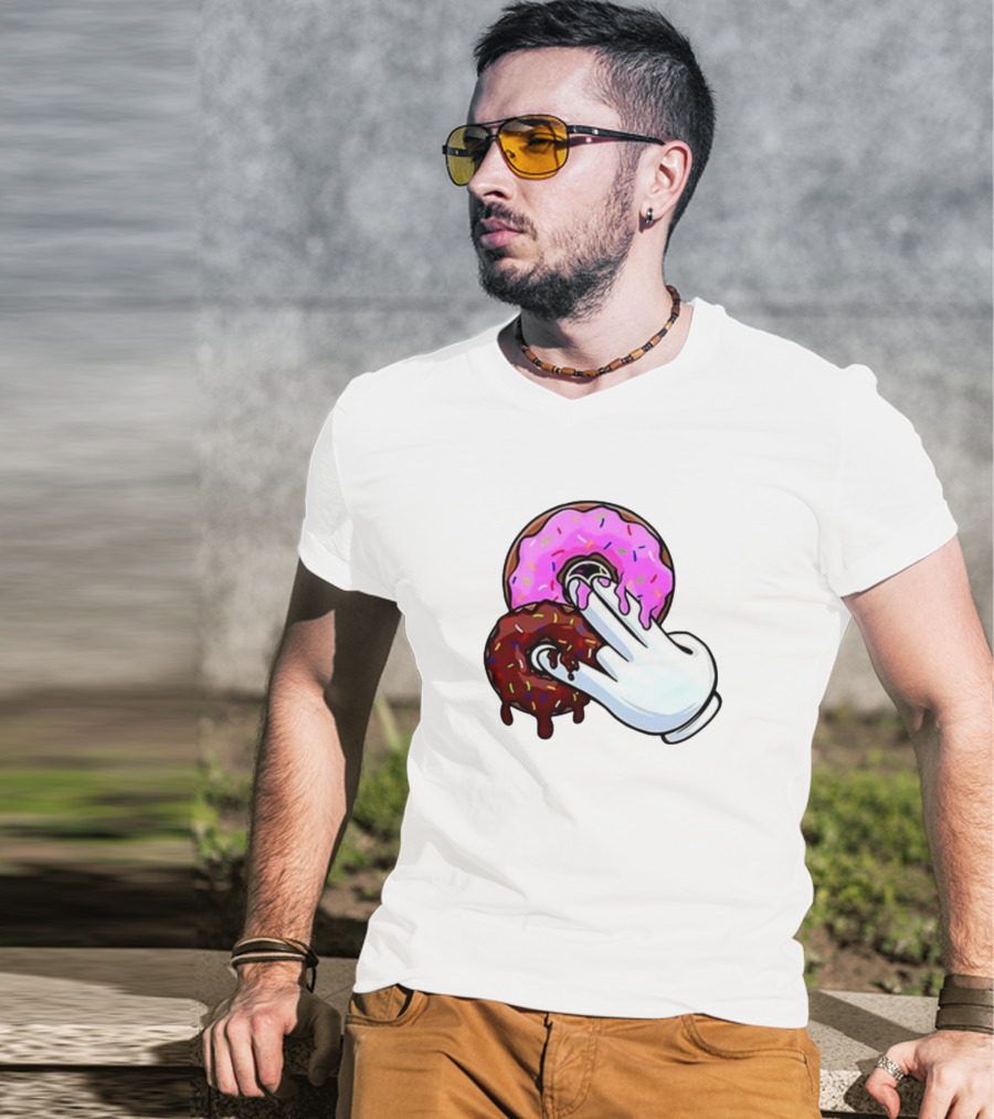 Funnyahhtees Pink And Brown Donuts With Cartoon Glove Hand T-Shirt