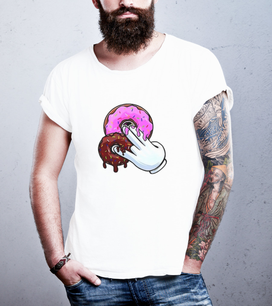 Funnyahhtees Pink And Brown Donuts With Cartoon Glove Hand T-Shirt