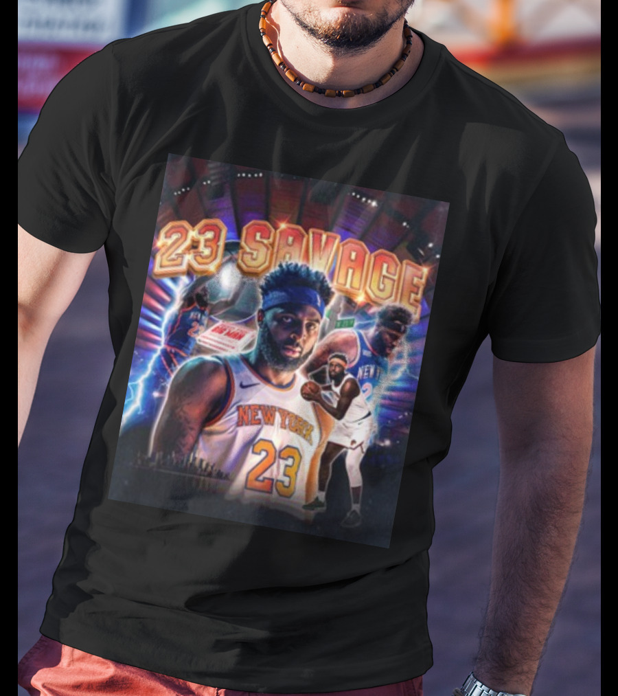 New York Knicks 23 Savage Mitchell Robinson Stadium Lightning Background T-Shirt