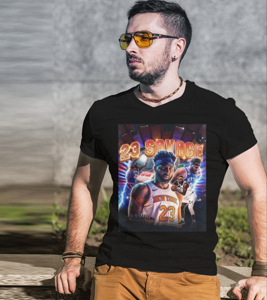 New York Knicks 23 Savage Mitchell Robinson Stadium Lightning Background T-Shirt