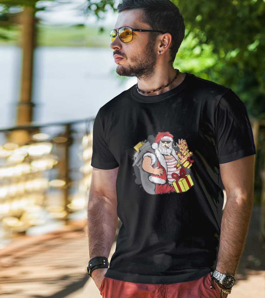 Santa Claus Christmas Cool Gift Vibe With Sunglasses And Peace Sign T-Shirt