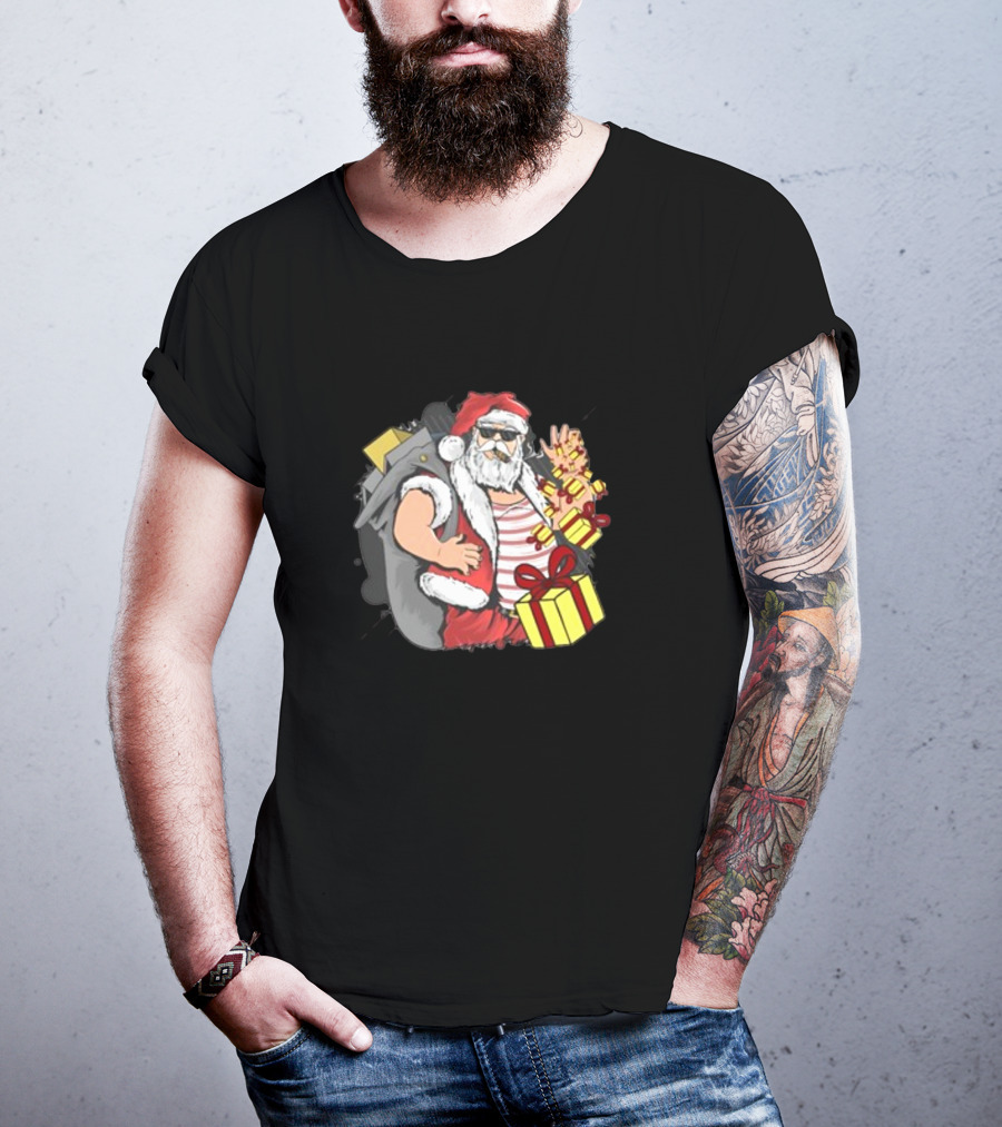 Santa Claus Christmas Cool Gift Vibe With Sunglasses And Peace Sign T-Shirt