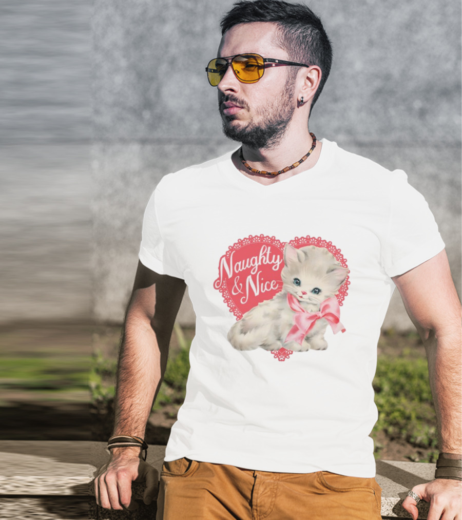 Nessa Barrett Store Naughty And Nice Kitten Heart Bow T-Shirt