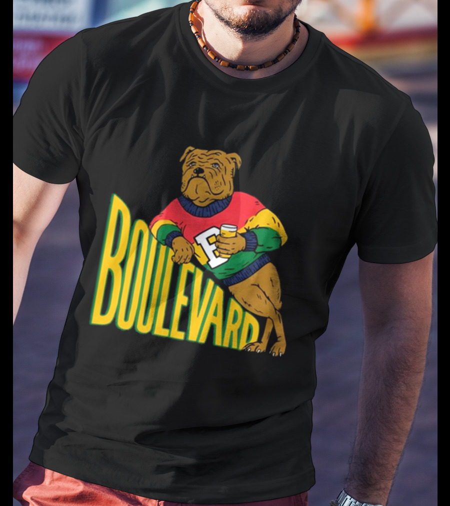 Boulevard Bully Dog In Colorful Sweater Holding Drink T-Shirt