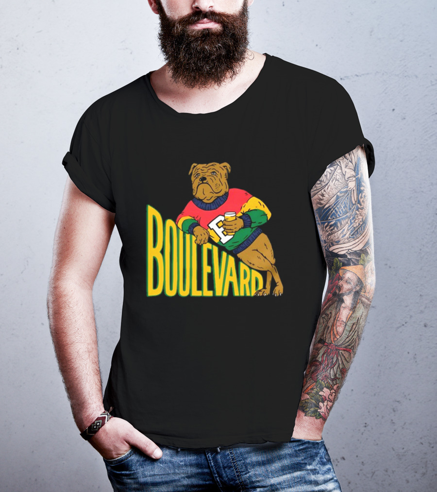 Boulevard Bully Dog In Colorful Sweater Holding Drink T-Shirt