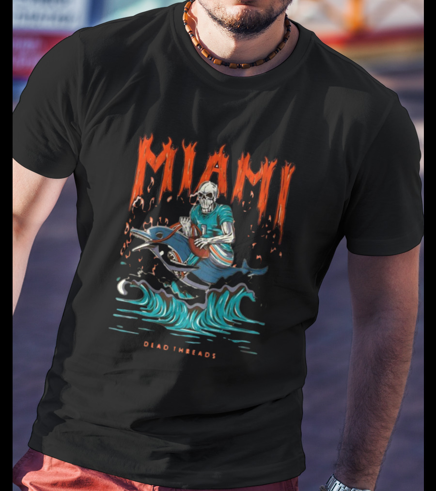 MIAMI Dead Threads Skeleton Surfer On Dolphin Football Adventure T-Shirt