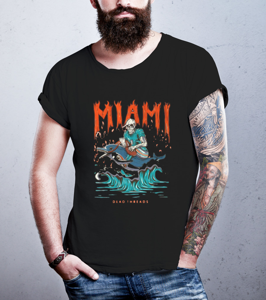 MIAMI Dead Threads Skeleton Surfer On Dolphin Football Adventure T-Shirt