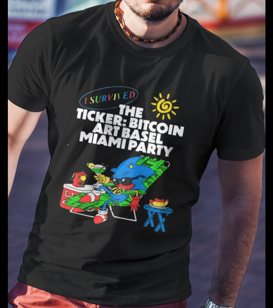 I Survived The Ticker Bitcoin Art Basel Miami Party Lounge Character Sun Cocktail T-Shirt