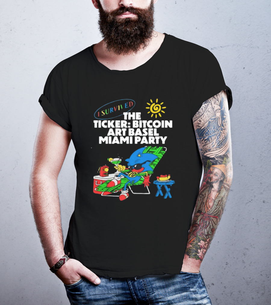 I Survived The Ticker Bitcoin Art Basel Miami Party Lounge Character Sun Cocktail T-Shirt