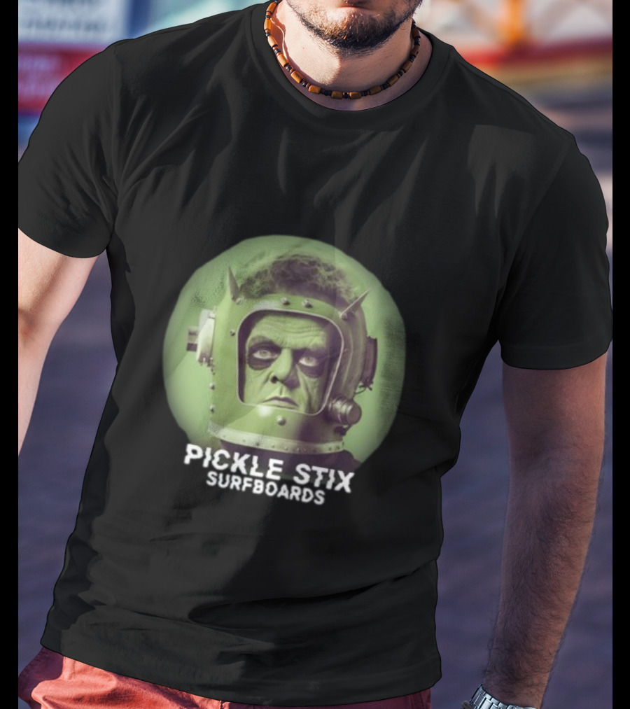 PICKLE STIX SURFBOARDS SPACEMAN HELMET GREEN BACKGROUND T-Shirt