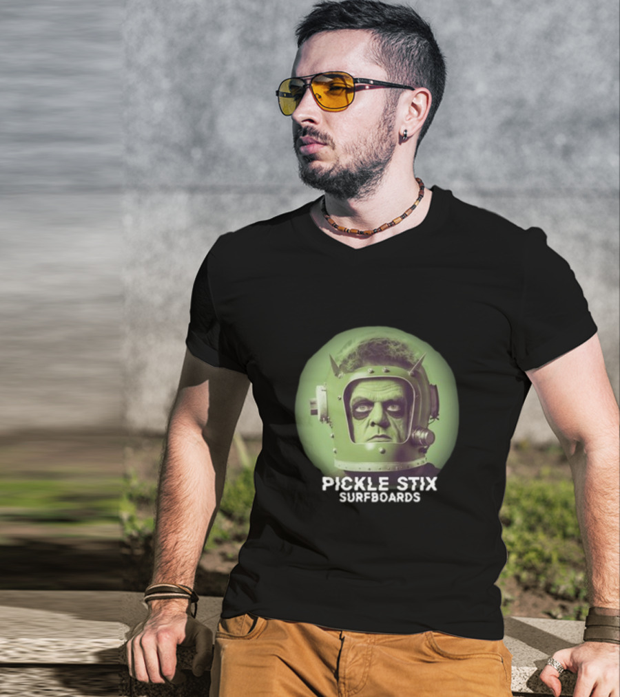 PICKLE STIX SURFBOARDS SPACEMAN HELMET GREEN BACKGROUND T-Shirt