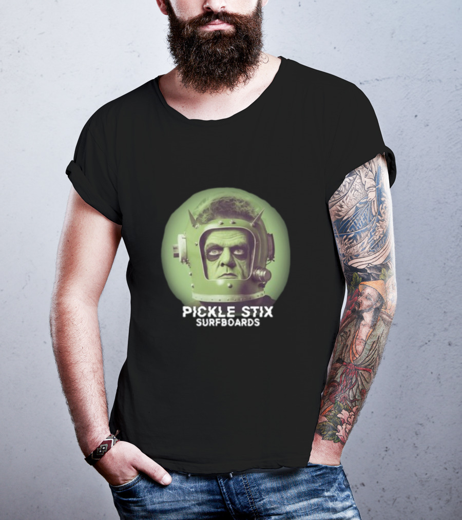 PICKLE STIX SURFBOARDS SPACEMAN HELMET GREEN BACKGROUND T-Shirt