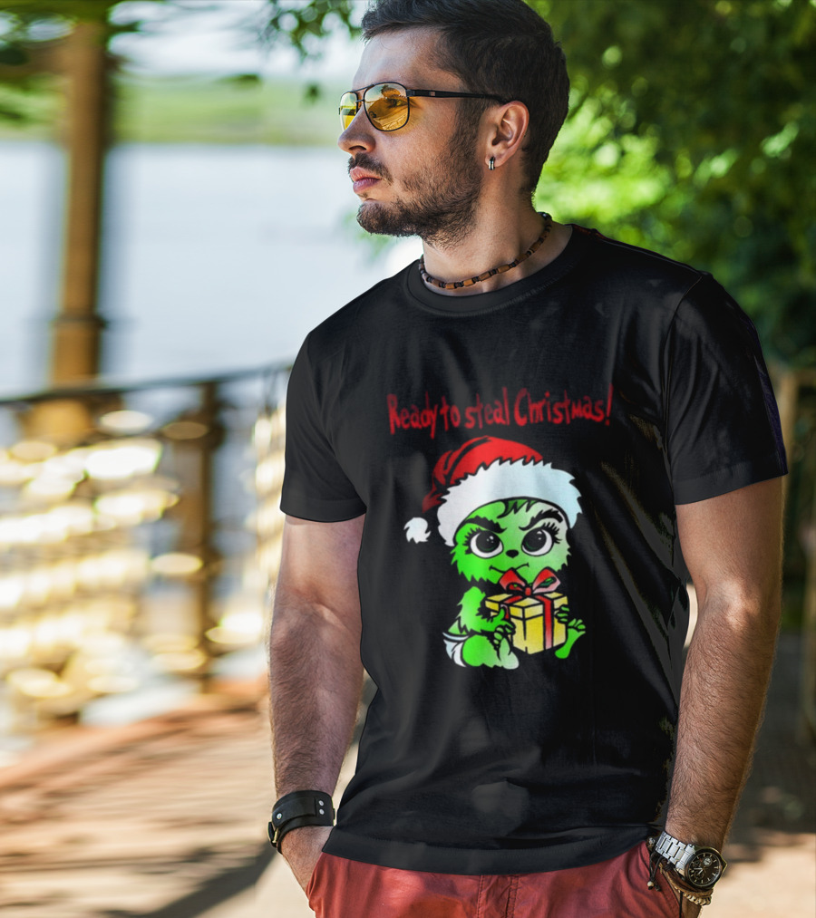 Cathygraphics3 Ready To Steal Christmas Green Santa Hat Gift T-Shirt