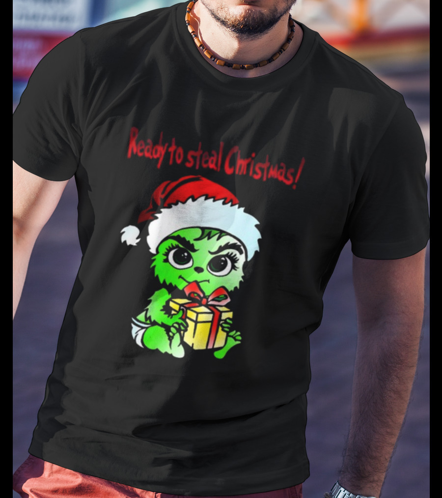 Cathygraphics3 Ready To Steal Christmas Green Santa Hat Gift T-Shirt
