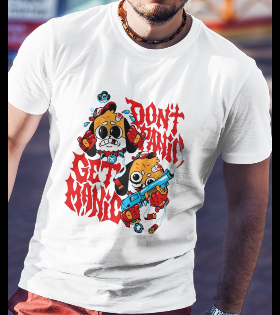 Don't Panic Get Manic Cartoon Characters With Colorful Styling And Playful T-Shirt