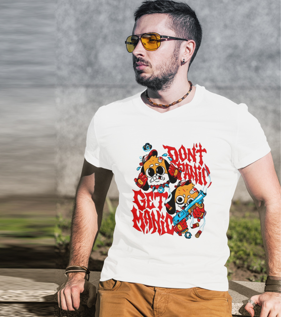 Don't Panic Get Manic Cartoon Characters With Colorful Styling And Playful T-Shirt